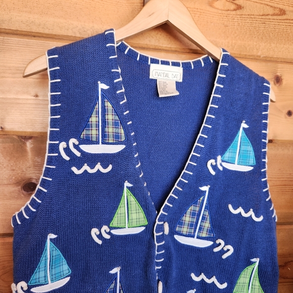 Mandal Bay Vintage Sailboat Knit Sweater Vest Nautical Embroidered Beaded Size M - Picture 2 of 9